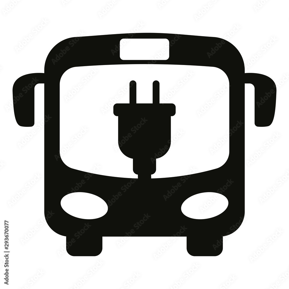 Simple black bus front view with charging cable icon isolated on white background Simple black bus front view with charging cable icon isolated on white background