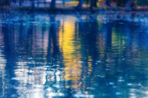 Blurred bright reflections of sunset and tree trunks on the water surface at dusk. Deep blue and yellow colored background