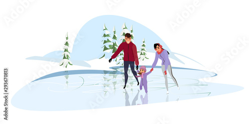 Family skating flat vector illustration
