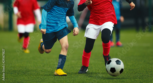 Fototapeta Naklejka Na Ścianę i Meble -  Duel of two young soccer players. Football match for kids. Training and football soccer tournament for children. Junior level soccer game. Footballers in red and blue jersey shirts. Autumn season