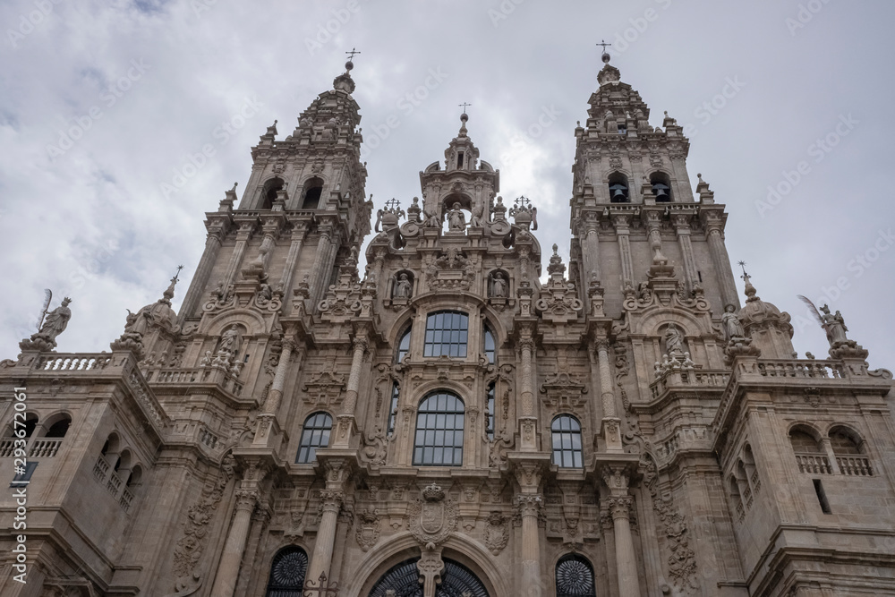 Facade of Santiago de Compostela cathedral in Obradoiro square. Galicia, Spain.