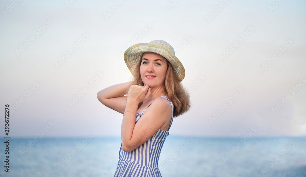 Beautiful Girl With White Scarf on The Beach. Travel and Vacation. Freedom Concept Beautiful Girl With White Scarf on The Beach. Travel and Vacation. Freedom Concept