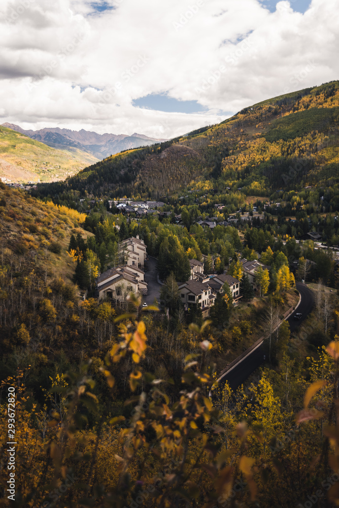 Landscape view of the town of Vail during autumn. 