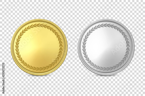 Vector 3d Realistic Blank Golden and Silver Metal Coin or Medal Icon Set Closeup Isolated on Transparent Background. Design Template, Clipart of Gold Money, Currency. Financial Concept. Front View