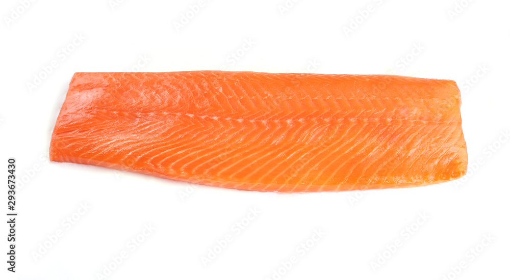 piece of raw salmon steak on a white background piece of raw salmon steak on a white background