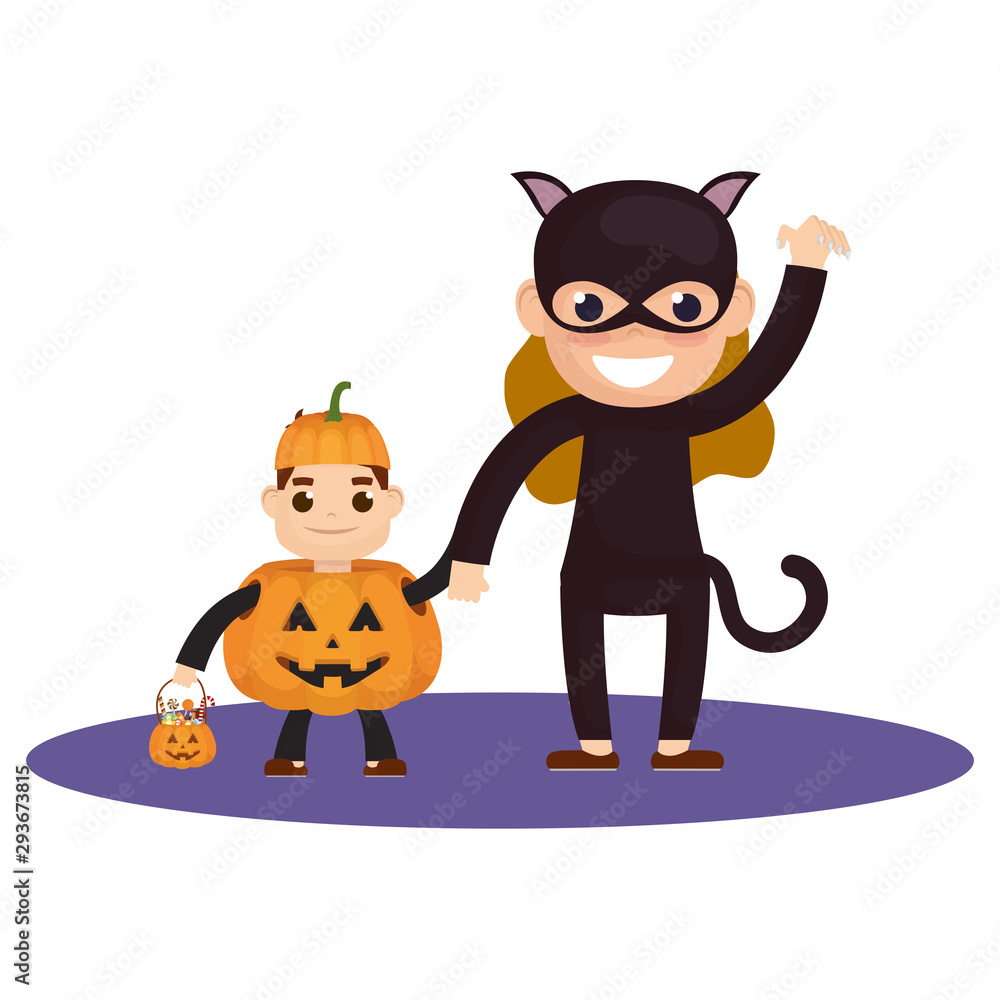 little boy with pumpkin and gatubela costume characters
