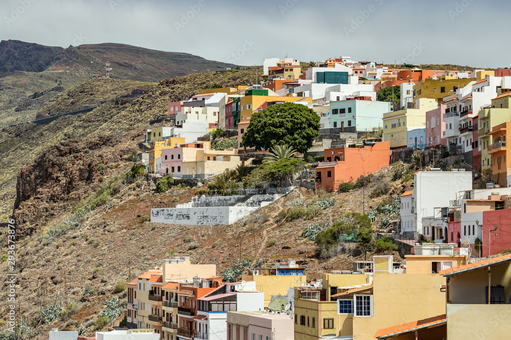 Colorful houses on slope of Volcano in San Sebastian de la Gomera, Spain