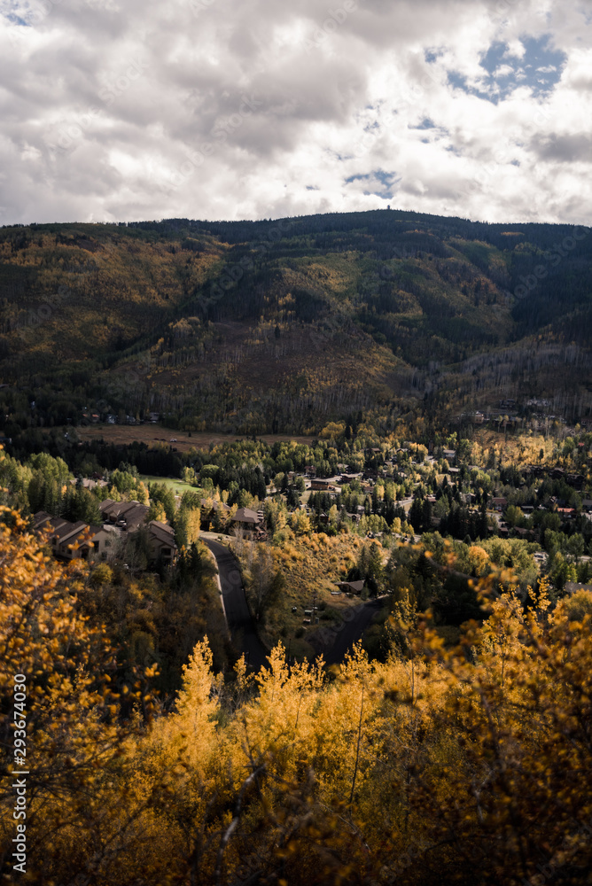 Landscape view of the town of Vail during autumn. 