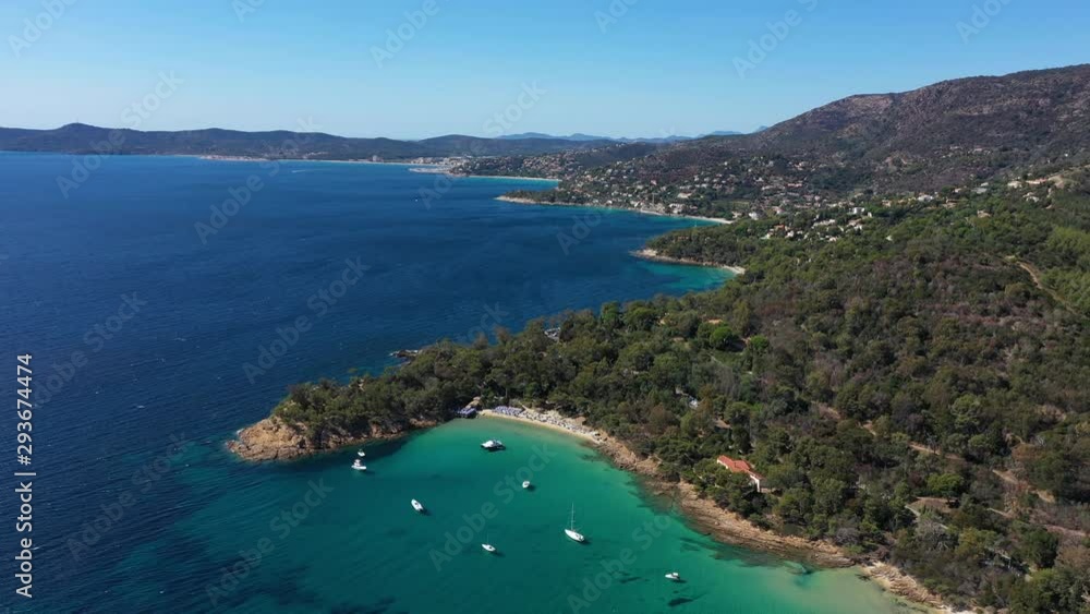 Mediterannean sea Lavandou coastline France aerial view beach with boats sunny summer