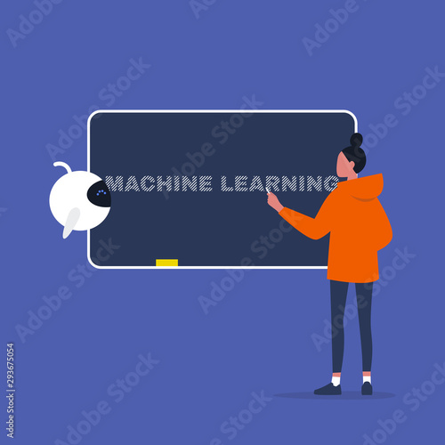 Machine learning. Artificial intelligence. Education. Young female character drawing on a chalkboard. New technologies. Flat editable vector illustration, clip art