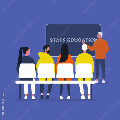 Staff education. Office workshops and seminars. Human resources. Career. Modern workers. Flat editable vector illustration, clip art