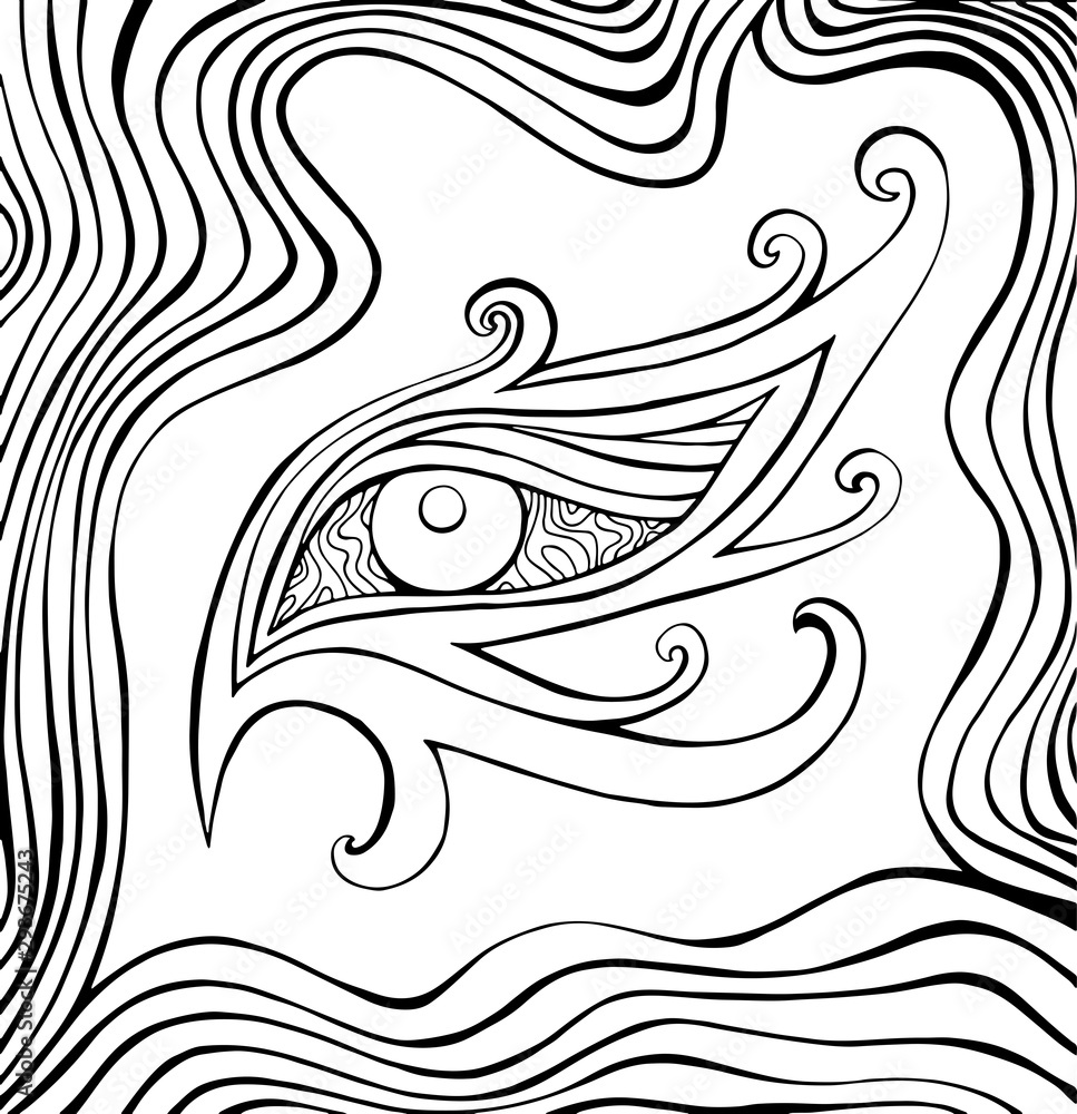 Fototapeta Fantastic coloring page with psychedelic eye and waves. Surreal doodle pattern eye. Vector hand drawn black and whute illustration. Antistress decorative background