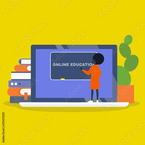 Online education. Webinar. Laptop screen, a stack of books and a cactus. Young black female character writing on a chalkboard. Flat editable vector illustration, clip art