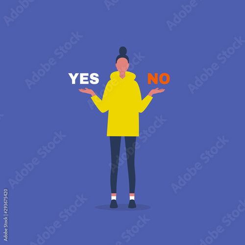 Yes or no. Decision making. Young female character answering a question. Flat editable vector illustration  clip art