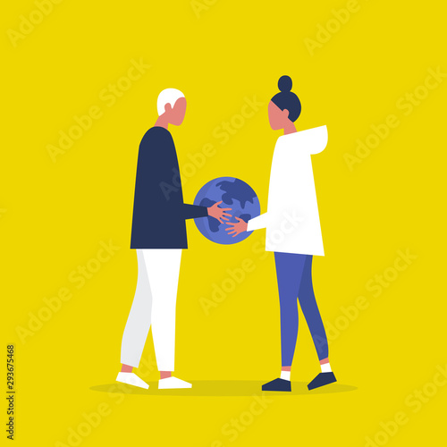 Ecology. Sustainability. Responsibility. Eco friendly behaviour. Two characters holding a globe. Planet Earth. Flat editable vector illustration, clip art