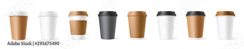 Realistic set paper coffee cups on white background. 3D vector mockup - stock vector.