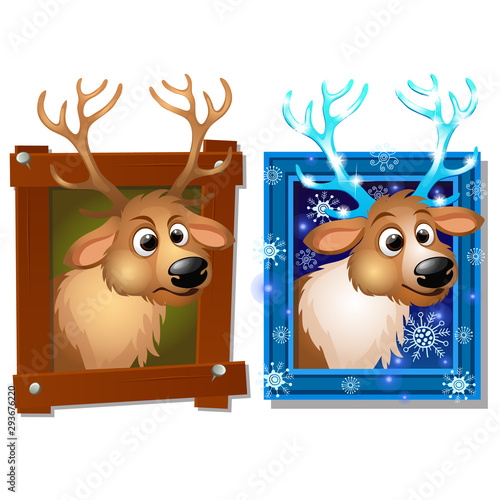 Wall-mounted picture in a wooden frame with deer isolated on a white background. Sketch of Christmas festive poster, party invitation, other holiday card. Vector cartoon close-up illustration.