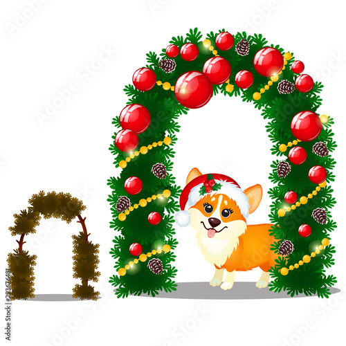 Little yellow dog with cap of Santa Claus and arch of twigs of spruce isolated on a white background. Sketch of Christmas festive poster, party invitation, other holiday card. Vector cartoon close-up.