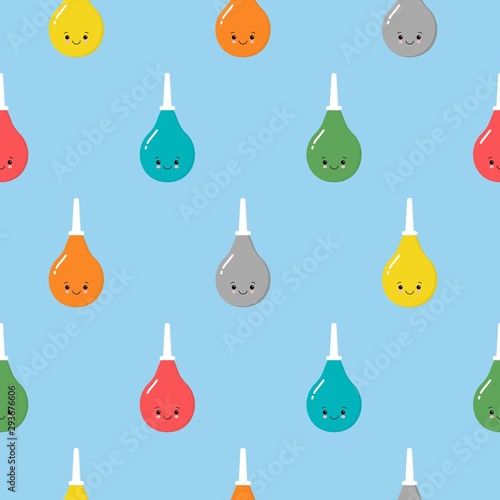 Seamless pattern of cute cartoon enema. Medical instruments . Blue enema with a plastic tip. Vector illustration. Kawaii style