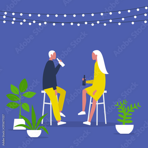 Weekend activities. Romantic date in a garden. Outdoor cafe terrace. String lights and plants. Hipster cafe. Summer. A couple drinking beverages. Flat editable vector illustration, clip art