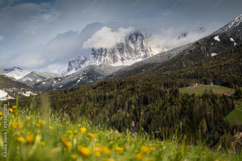 Beautiful sunset dolomites mountain peaks in Santa Maddalena in the Val di Funes in Italy