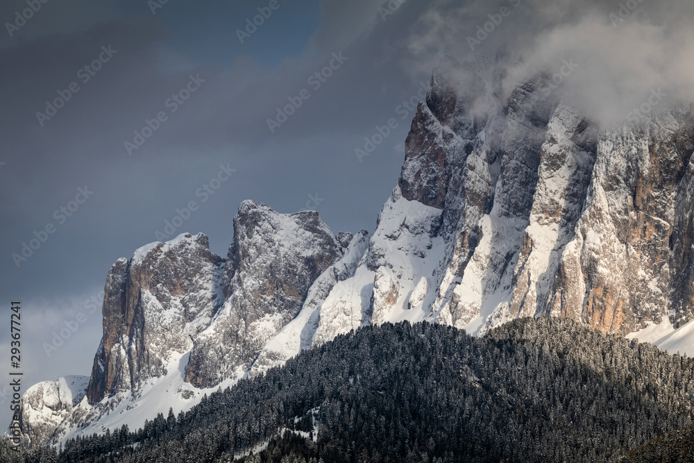 Beautiful sunset dolomites mountain peaks in Santa Maddalena in the Val di Funes in Italy