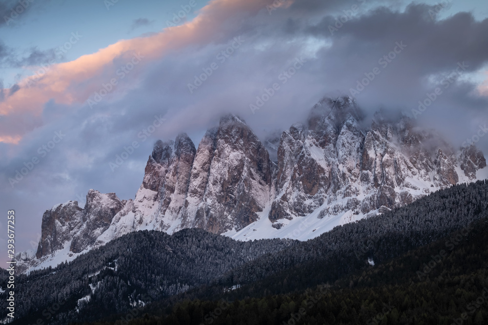 Beautiful sunset dolomites mountain peaks in Santa Maddalena in the Val di Funes in Italy