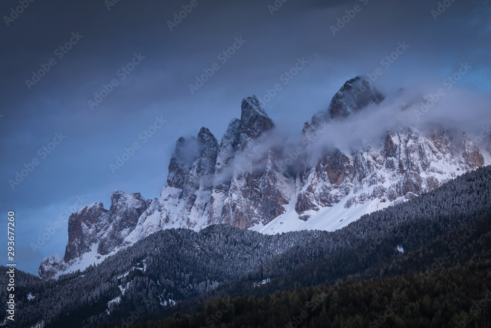 Beautiful sunset dolomites mountain peaks in Santa Maddalena in the Val di Funes in Italy