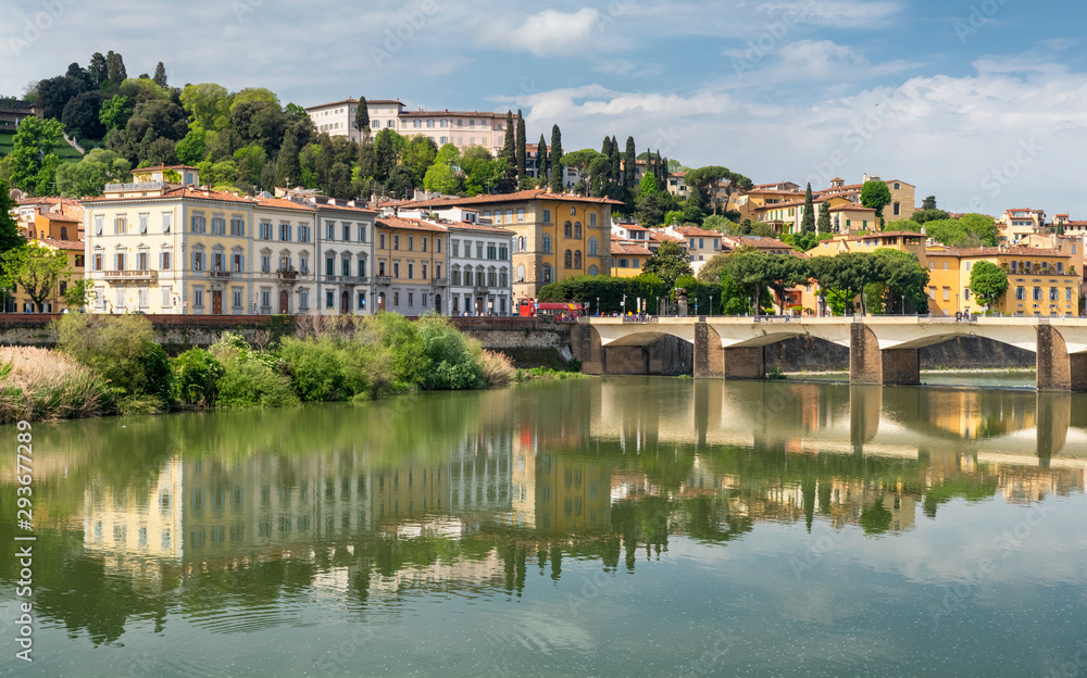 Panoramic summer view of Ponte alle Grazie with river Arno in Florence, Italy