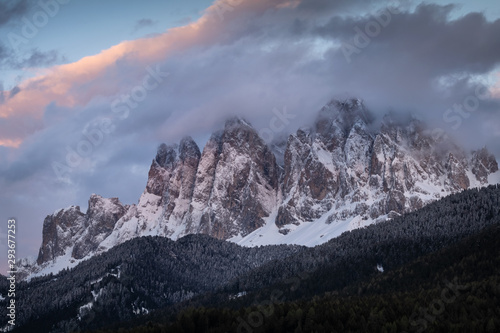 Obraz na płótnie Beautiful sunset dolomites mountain peaks in Santa Maddalena in the Val di Funes in Italy w salonie