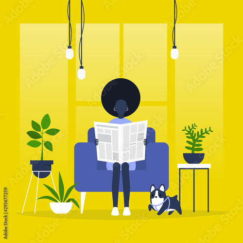 Young black female character reading a newspaper. News. Digital vs analog. Lifestyle. Morning habits. Flat editable vector illustration, clip art