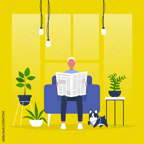 Young male character reading a newspaper. News. Digital vs analog. Lifestyle. Morning habits. Flat editable vector illustration, clip art