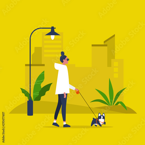 Young female character walking with a dog on a leash. Recreation. Outdoor. Modern lifestyle. Flat editable vector illustration, clip art photo