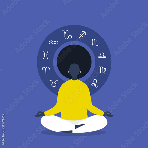 Meditation. Astrology. Zodiac signs. Flat editable vector illustration, clip art. Young black female character sitting in lotus position. Harmony