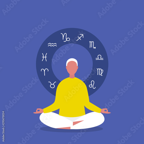 Meditation. Astrology. Zodiac signs. Flat editable vector illustration, clip art. Young male character sitting in lotus position. Harmony