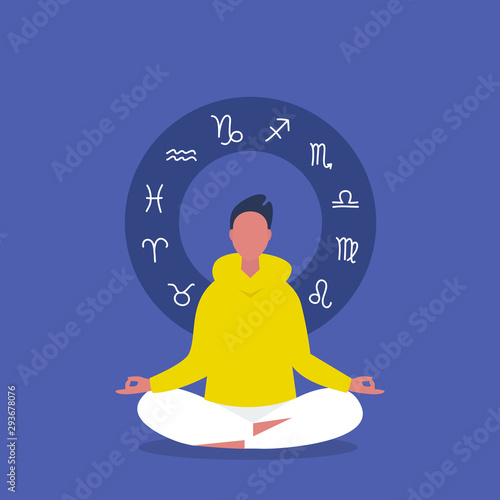 Meditation. Astrology. Zodiac signs. Flat editable vector illustration, clip art. Young male character sitting in lotus position. Harmony