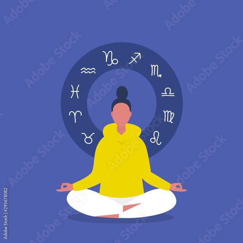 Meditation. Astrology. Zodiac signs. Flat editable vector illustration, clip art. Young female character sitting in lotus position. Harmony