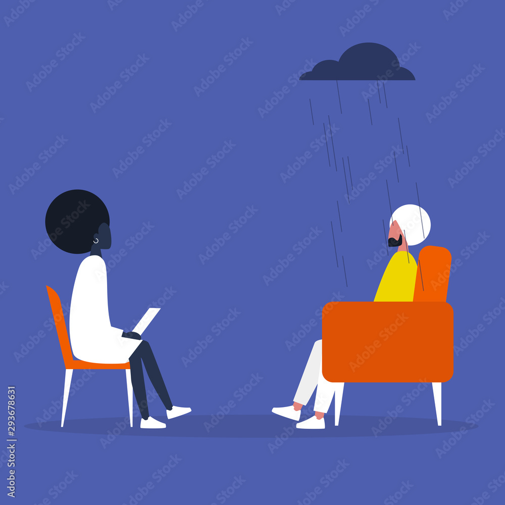 Psychotherapy. A conversation between a doctor and a patient. Clinic. Consulting. Mental health. Support. Depression. Concept. Flat editable vector illustration, clip art