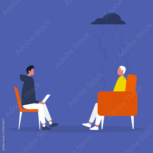 Psychotherapy. A conversation between a doctor and a patient. Clinic. Consulting. Mental health. Support. Depression. Concept. Flat editable vector illustration, clip art