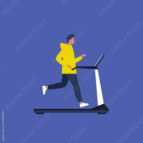 Young male character running on a treadmill. Gym. Sport. Active lifestyle. Flat editable vector illustration, clip art