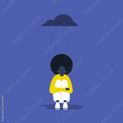 Depression. Psychology. Mental health. Rain. Cloud. Young black female character sitting in the rain. Flat editable vector illustration, clip art. Concept