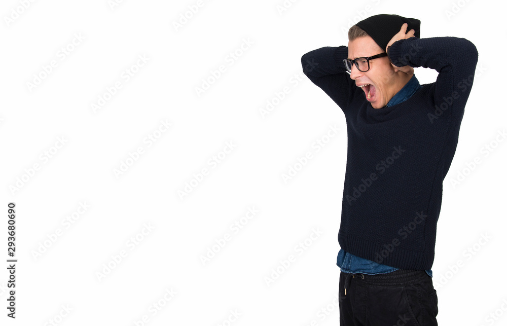 Young man, handsome boy, covering his ear, body gesture, emotion expression isolated on white Young man, handsome boy, covering his ear, body gesture, emotion expression isolated on white