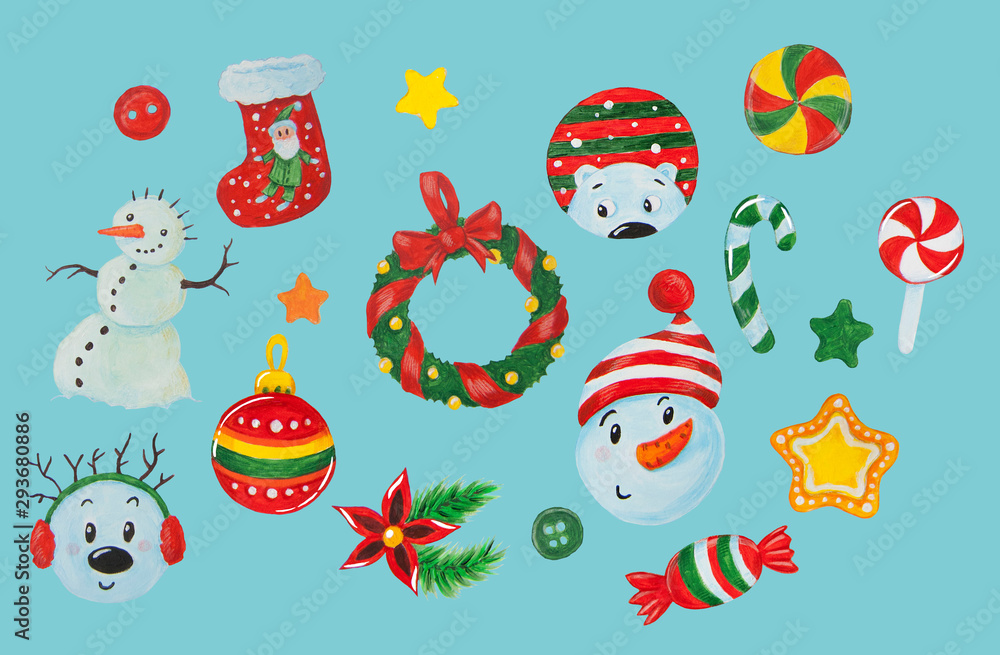 Fototapeta premium New Year and Christmas set with holiday decorations, snowmen, candy canes and stars. Acrylic. A set of pictures for advertising, banners, decor, textiles, packaging.