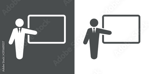 Símbolo conferencia. Icono plano hombre con pizarron en fondo gris y fondo blanco