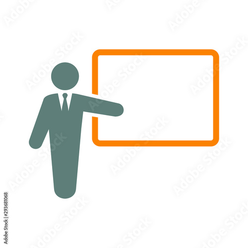 Símbolo conferencia. Icono plano hombre con pizarron en gris y naranja