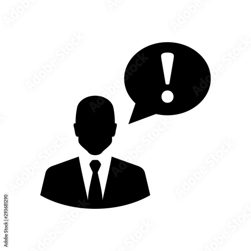 Icono plano hombre de negocios y atención en globo en color negro