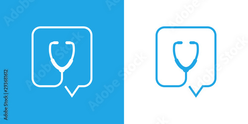 Concepto asistencia sanitaria. Logotipo con burbuja de habla lineal como estetoscopio en azul y blanco