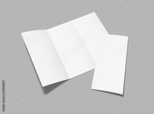 Blank  flyer tri fold mockup. Realistic Flyer, booklet  mock up on gray background.  Vector illustration.