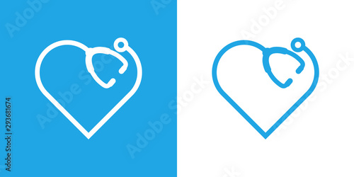 Logotipo con corazón lineal como estetoscopio en azul y blanco