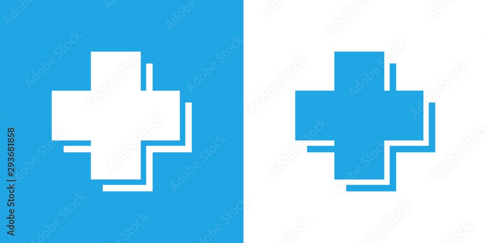 Símbolo asistencia sanitaria. Icono plano lineal cruz con sombra en fondo azul y fondo blanco Símbolo asistencia sanitaria. Icono plano lineal cruz con sombra en fondo azul y fondo blanco
